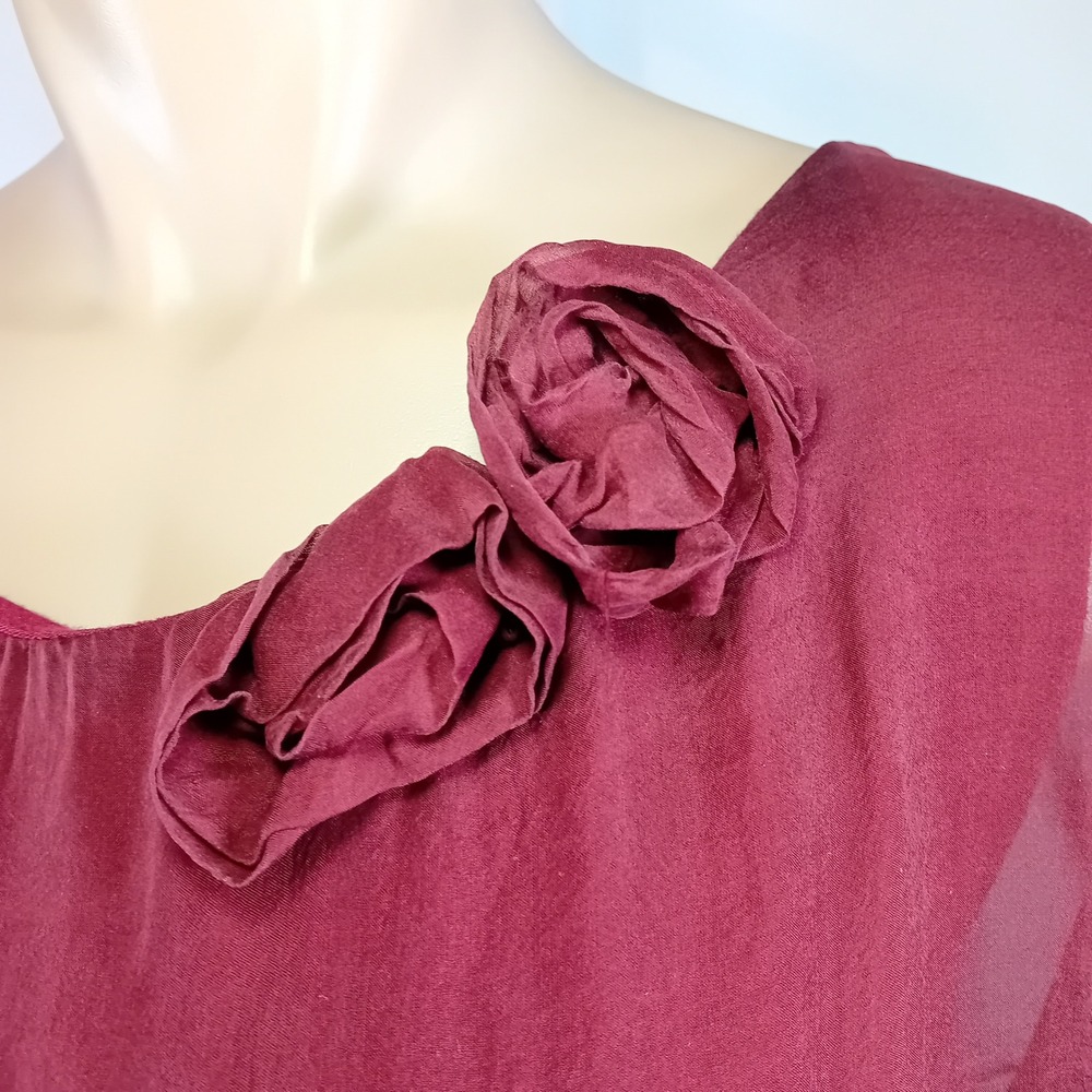 Y2K Femme Silk Blouson Hem Flowy Whimsigoth Burgundy Rose Blouse Sheer Sleeves M - Picture 6 of 16